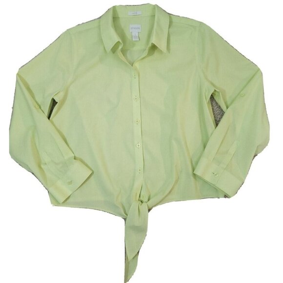 Chico's ~Woman Size 1 (M)~Lemon Yellow No Iron Cotton Tie Front Shirt Blouse Top - Picture 5 of 12